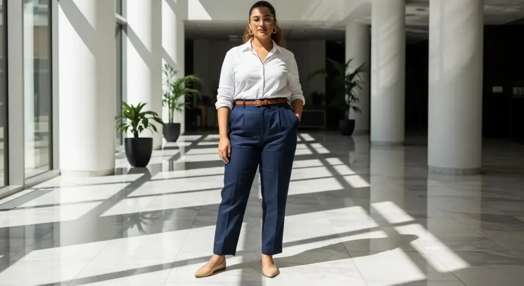 Navy Linen Trousers + White Collared Shirt + Pointed Flats Linen Pants Outfit Ideas