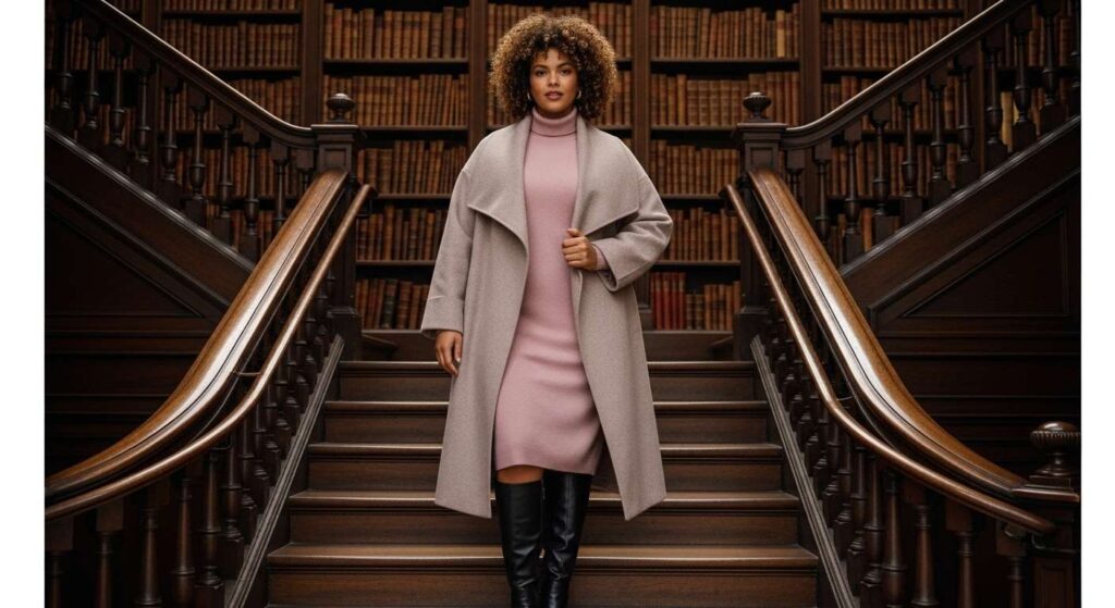 Wool Wrap Coat + Cashmere Turtleneck Dress + Knee-High Boots Warm Fall Outfits