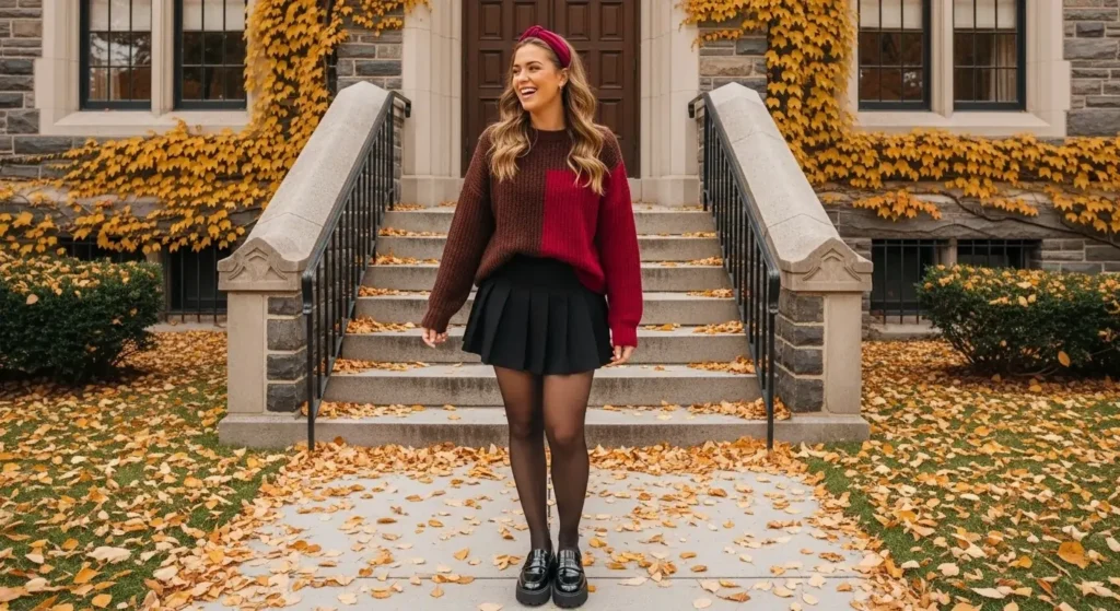 Color-Blocked Sweater + Pleated Mini Skirt + Tights Trending Fall Outfits