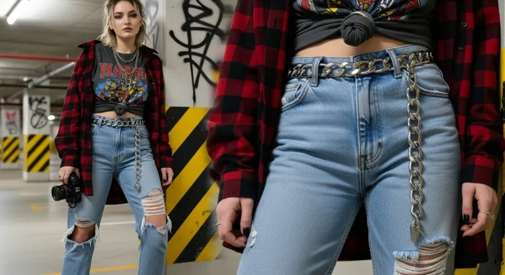 Graphic Tee + Distressed Jeans + Chain Belt Edgy Fall Outfits