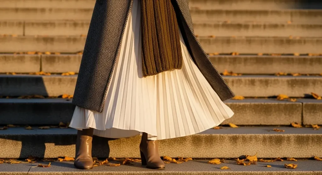 Long Coat + Pleated Maxi + Ankle Boots Fall Outfits with Skirts