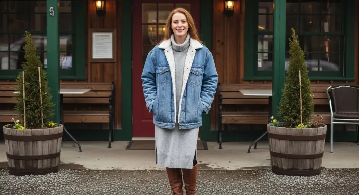 Sherpa-Lined Denim Jacket + Turtleneck Dress + Boots Adorable Winter Outfits