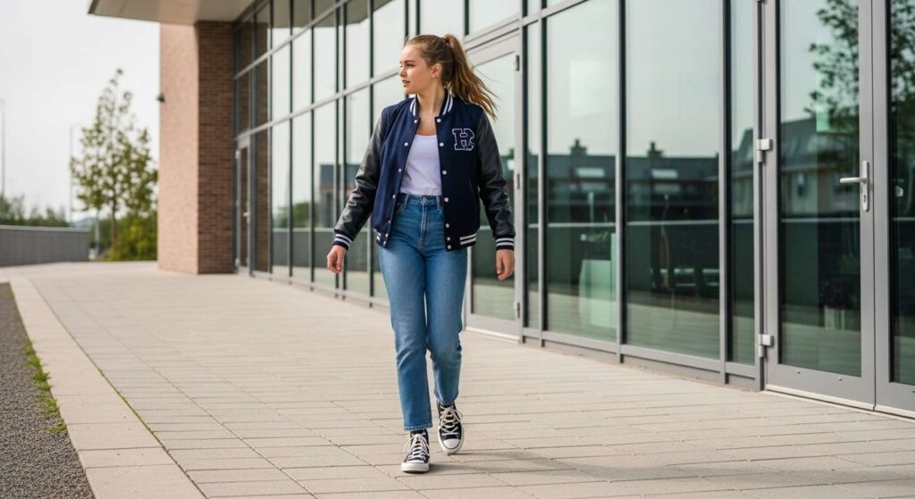 Varsity Jacket + Straight-Leg Jeans + Converse Fall Outfits for Teens