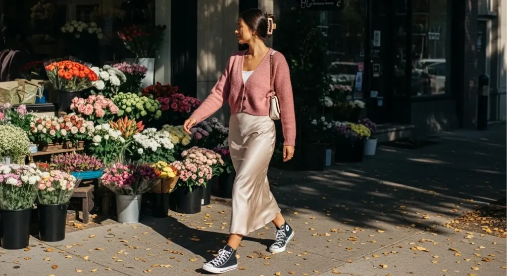 Cropped Cardigan + Satin Midi Skirt + Converse Casual Fall Outfits