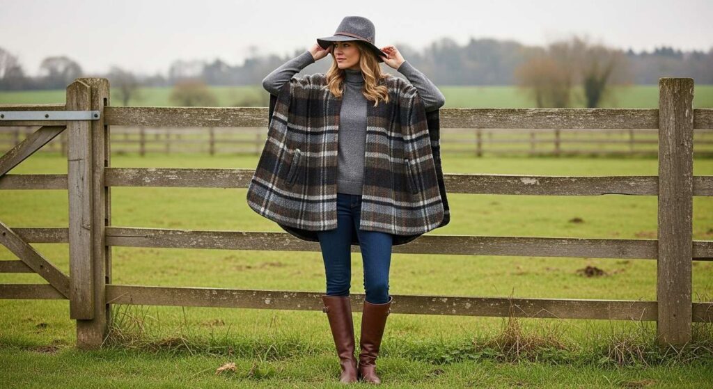 Wool Cape or Poncho + Turtleneck + Dark Jeans