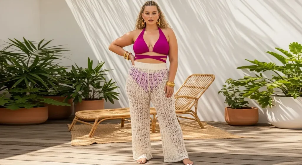 Halter Bikini + Crochet Pants Plus Size Swimwear Outfit Ideas