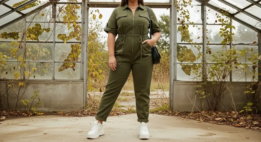 Utility Jumpsuit + Platform Sneakers Plus Size Fall Outfits