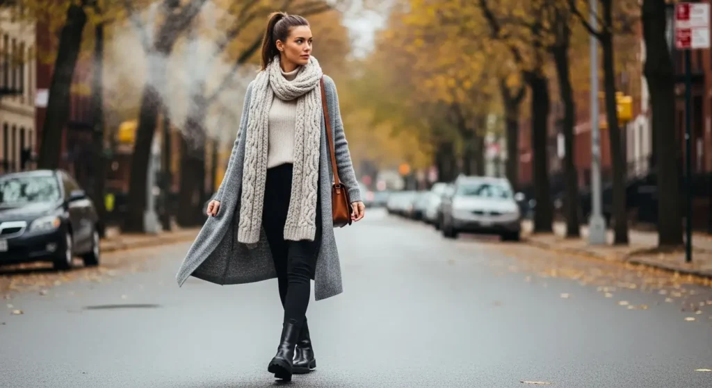 Longline Cardigan + Leggings + Chunky Scarf Casual Fall Outfits
