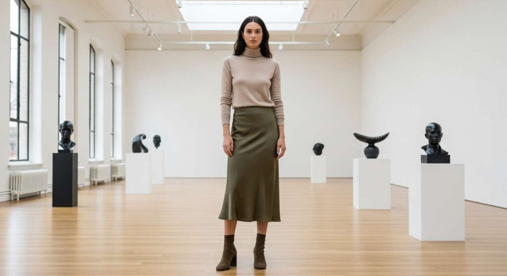 Satin Slip Skirt with Cashmere Turtleneck Classy Fall Outfits