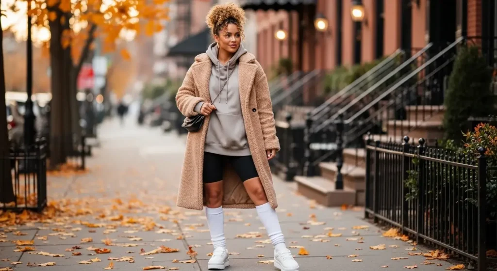 Teddy Coat + Hoodie + Biker Shorts Cozy Fall Outfits