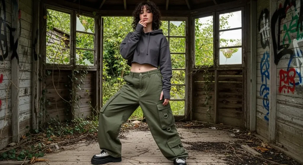 Cropped Hoodie + Cargo Pants + Sneakers Edgy Fall Outfits