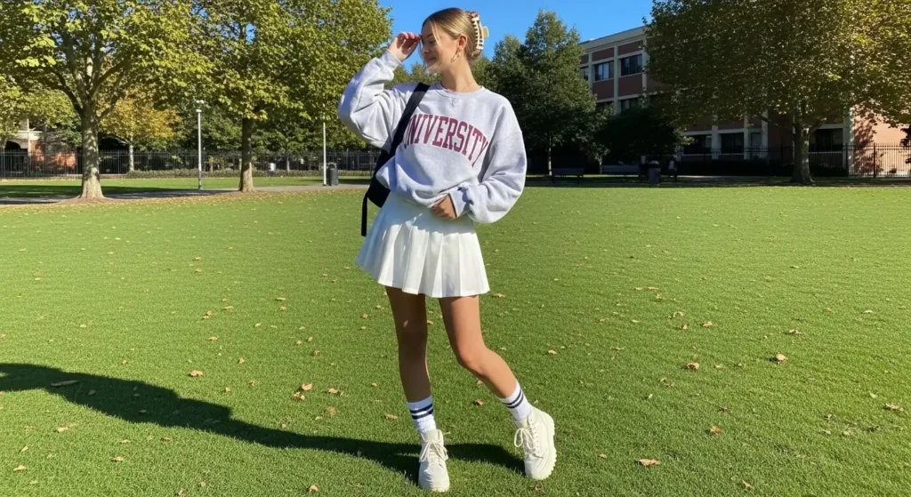 Sweatshirt + Tennis Skirt + High-Tops Fall Outfit Ideas for College