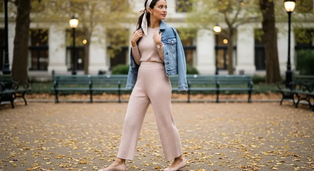 Knit Set + Denim Jacket + Ballet Flats Early Fall Outfits
