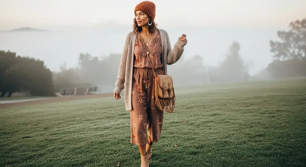 Boho Jumpsuit + Knit Beanie + Ankle Boots Boho Fall Outfits