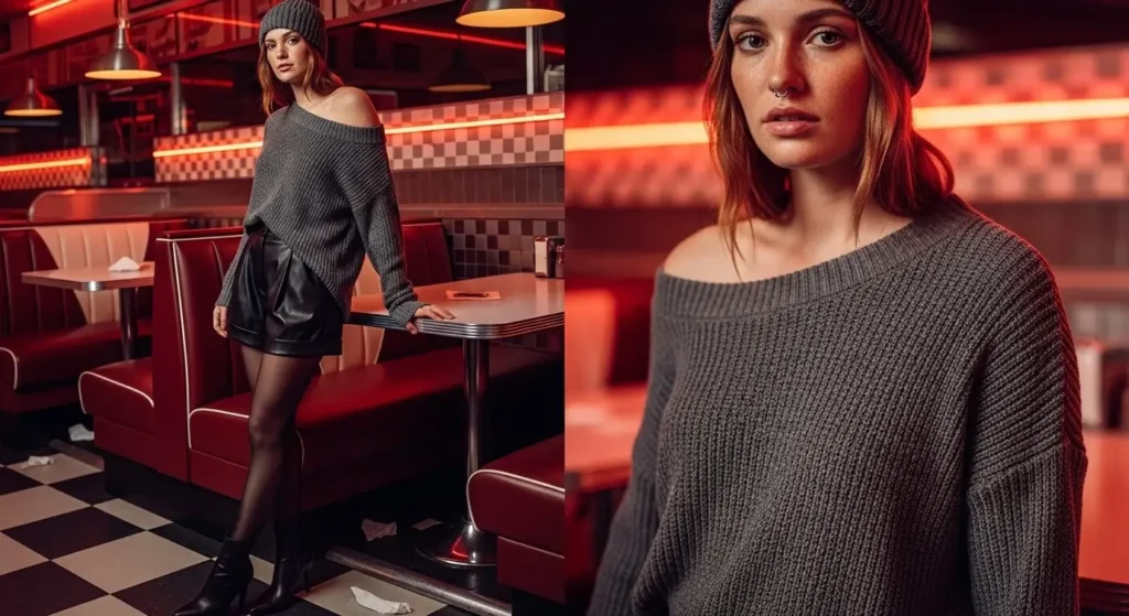 Asymmetrical Sweater + Leather Shorts + Tights Edgy Fall Outfits