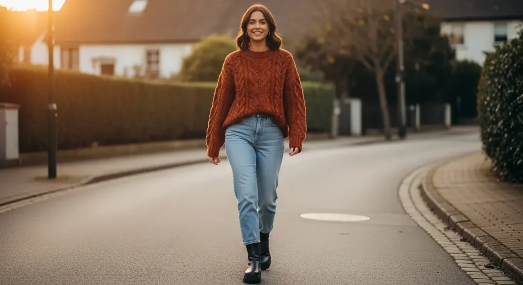 Oversized Sweater + Straight-Leg Jeans + Chunky Boots Shein Fall Outfits