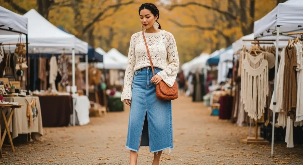 Crochet Sweater + Denim Midi Skirt + Woven Accessories Boho Fall Outfits