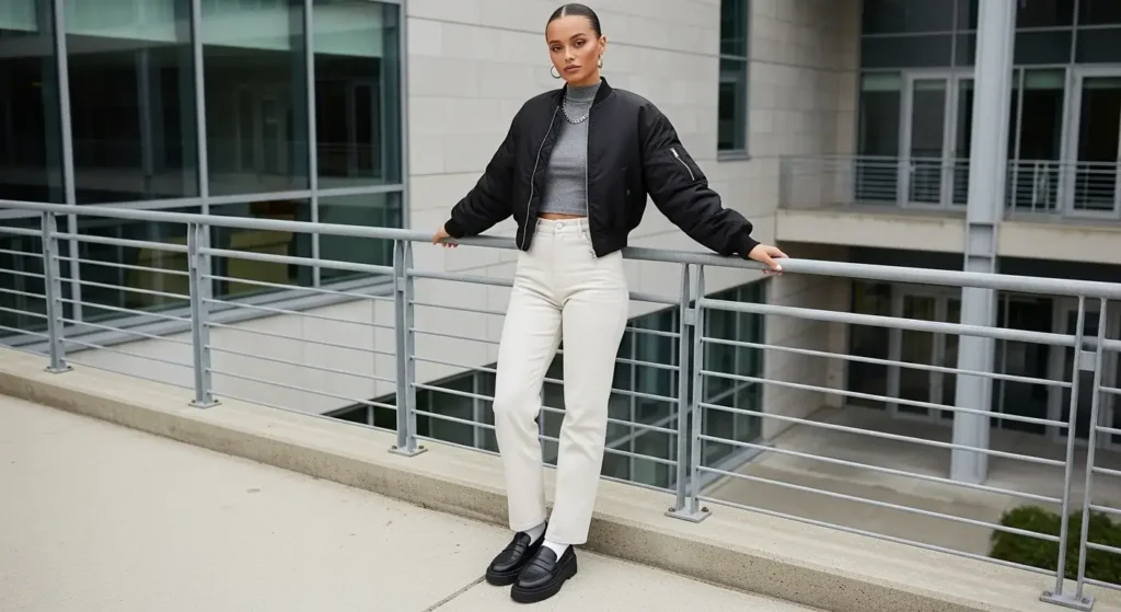 Mock Neck Top + Cropped Bomber + Straight-Leg Pants Fall Outfit Ideas for College