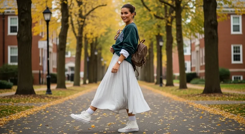 Sweatshirt + Pleated Skirt + High-Top Sneakers Early Fall Outfits