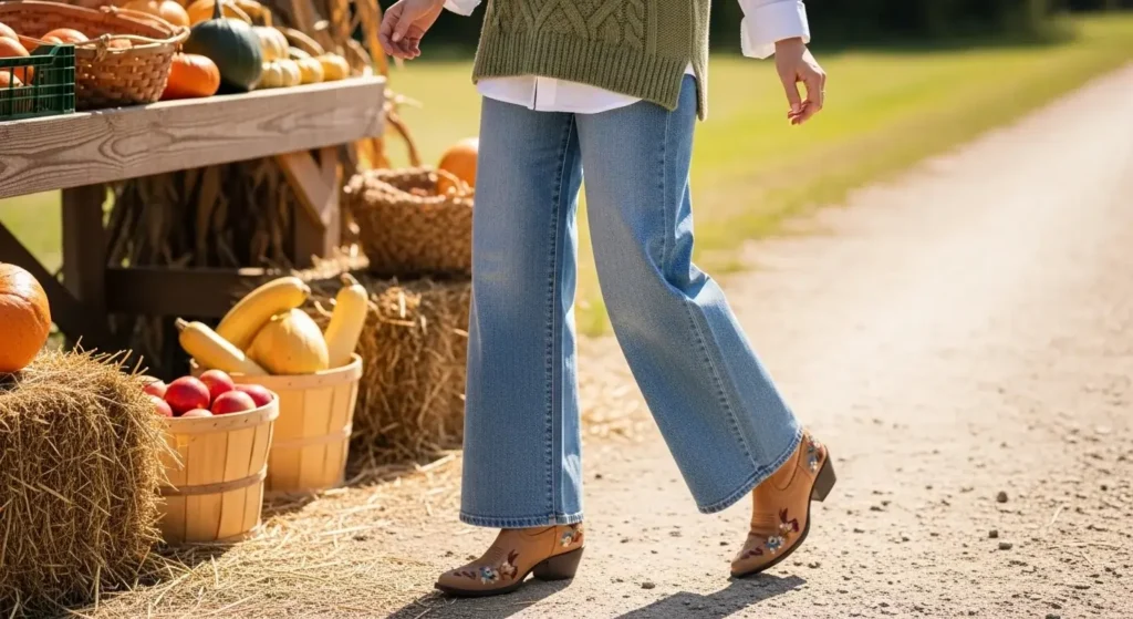 Sweater Vest + Wide-Leg Jeans + Western Boots Fall Outfits with Boots