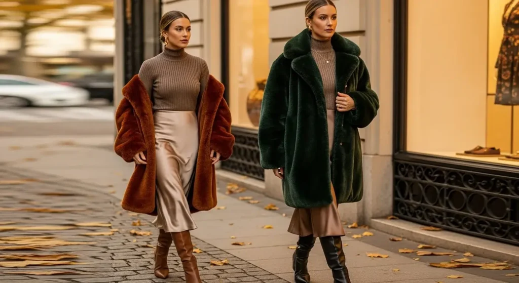 Faux Fur Coat + Turtleneck + Satin Midi Skirt Cozy Fall Outfits