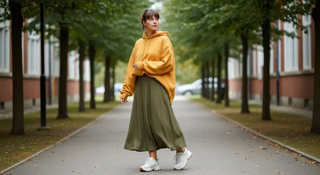 Oversized Hoodie + Midi Skirt + Chunky Sneakers Fall Outfit Ideas for College