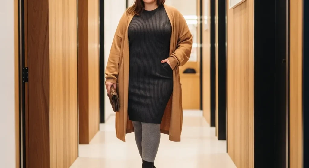 Longline Cardigan + Ribbed Knit Dress Plus Size Fall Outfits