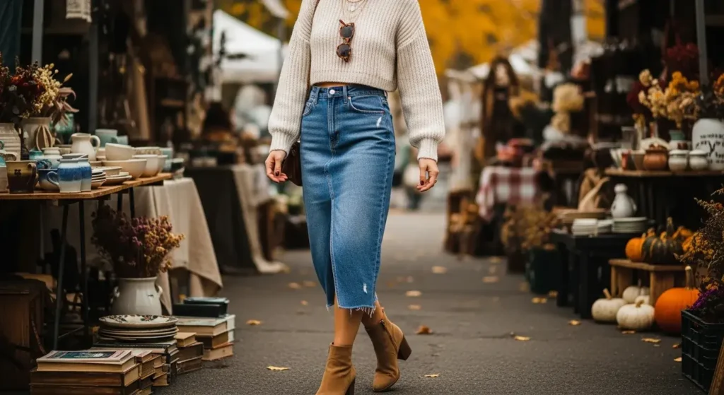 Denim Midi Skirt + Cropped Sweater + Ankle Boots Early Fall Outfits