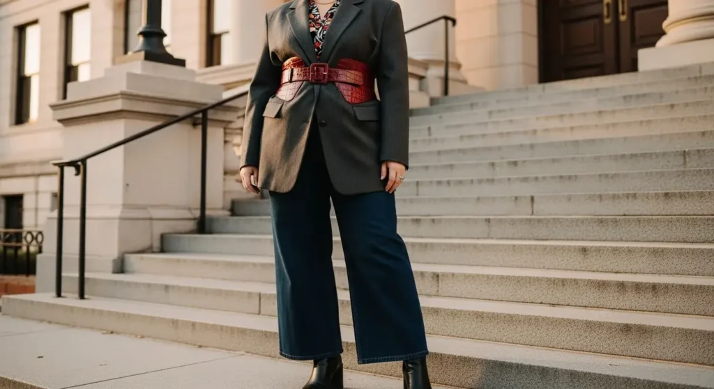 Oversized Blazer + Wide-Leg Jeans + Statement Belt Plus Size Fall Outfits