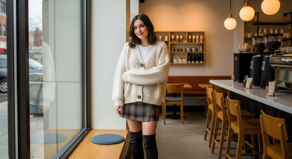 Cozy Cardigan with Mini Skirt and Knee-High Boots Girly Fall Outfits