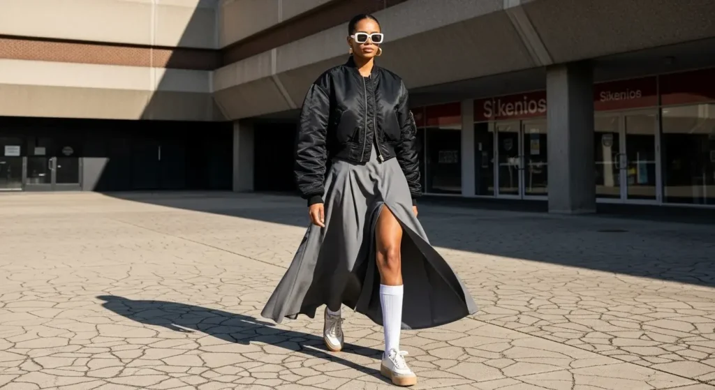 Bomber Jacket + Slit Skirt + High Socks Edgy Fall Outfits