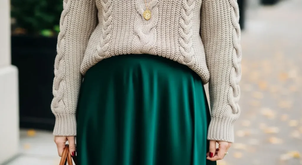 Cable-Knit Sweater + Satin Midi Skirt Fall Outfits with Skirts