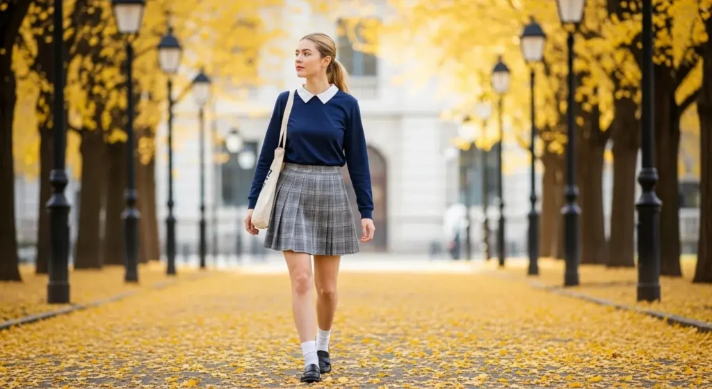Oversized Crewneck Sweatshirt + Pleated Mini Skirt + Loafers Cute Fall Outfits for School