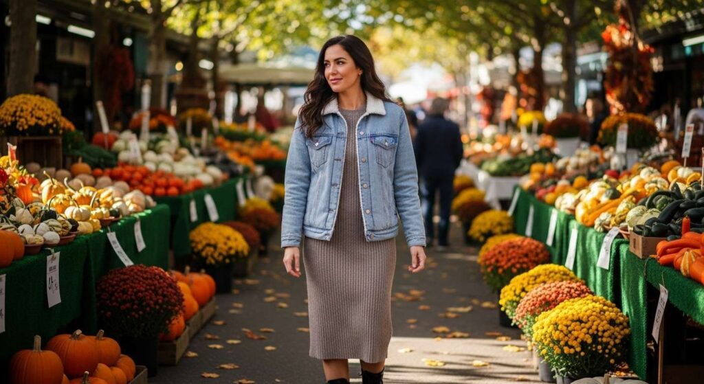 Sherpa-Lined Denim Jacket + Knit Dress + Combat Boots Chic Fall Outfits