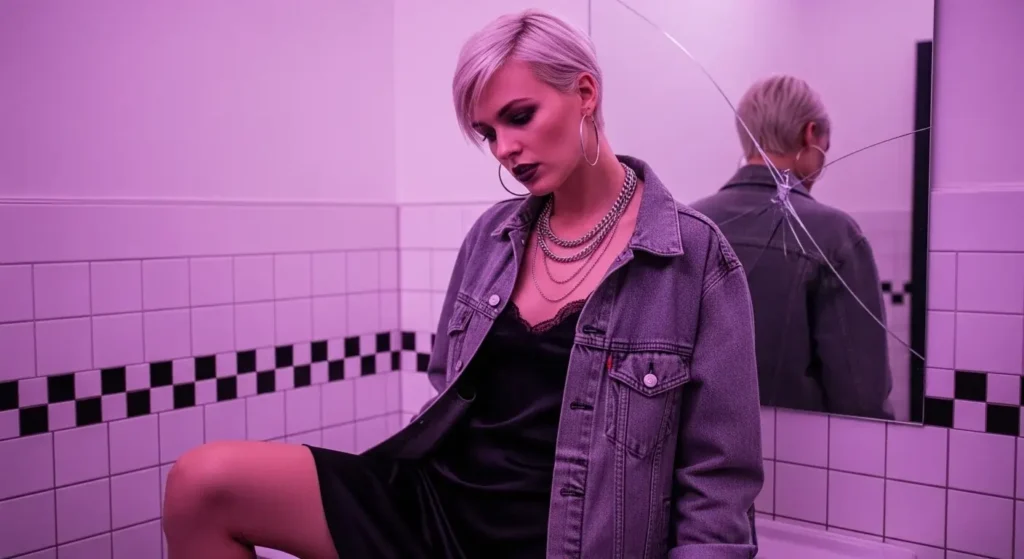 Denim Jacket + Black Slip Dress + Layered Chains Edgy Fall Outfits
