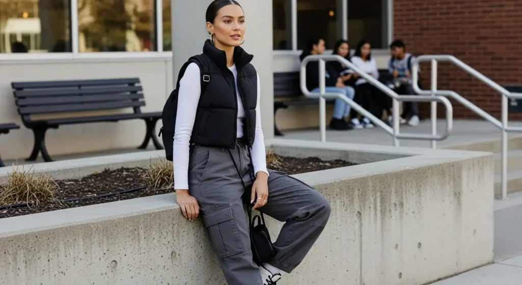Cropped Puffer Vest + Long Sleeve Baby Tee + Cargo Pants Cute Fall Outfits for School