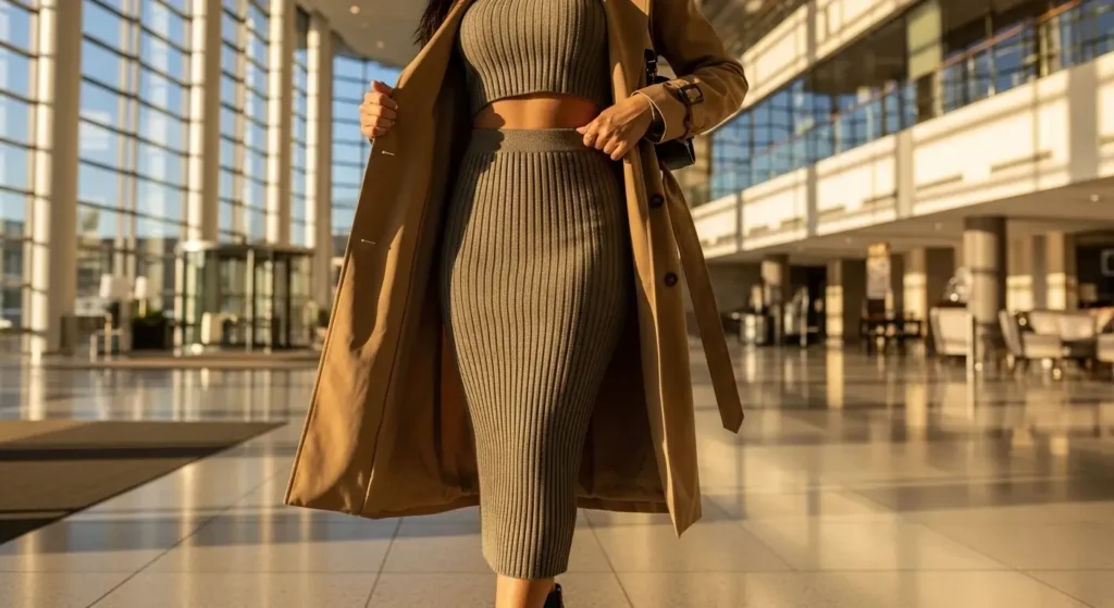 Trench Coat + Ribbed Knit Skirt Set Fall Outfits with Skirts