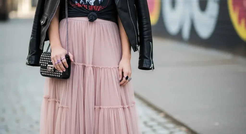 Graphic Tee + Tulle Midi + Moto Jacket Fall Outfits with Skirts