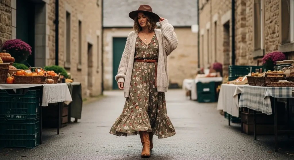 Flowy Maxi Dress + Slouchy Cardigan + Western Boots Boho Fall Outfits