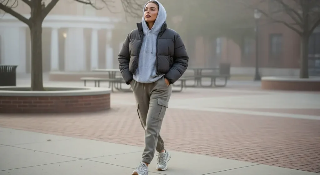 Cropped Puffer + Hoodie + Cargo Joggers Fall Outfit Ideas for College
