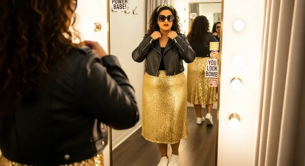 Sequin Skirt + Moto Jacket + Sneakers Edgy Fall Outfits