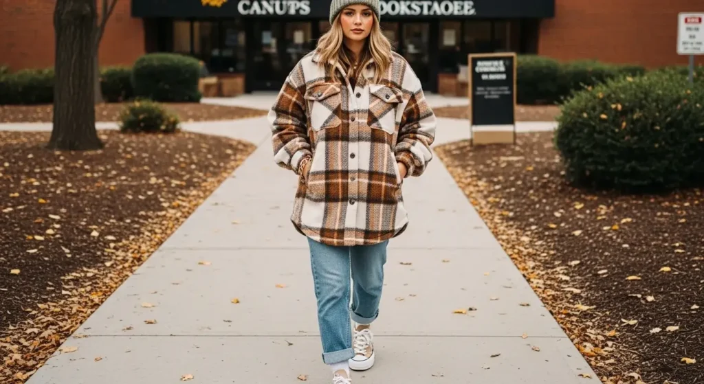 Shacket + Straight Jeans + Beanie Fall Outfit Ideas for College