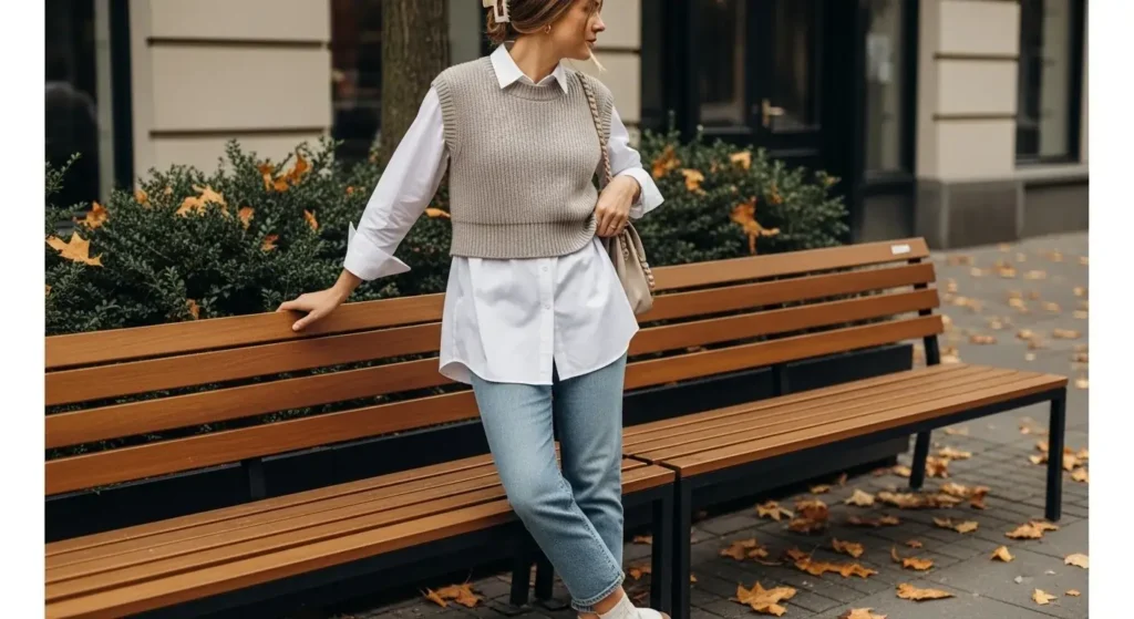 Knit Vest + White Shirt + Jeans Simple Fall Outfits