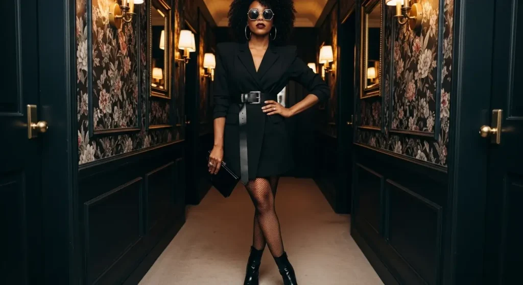 Blazer Dress + Fishnets + Ankle Boots Edgy Fall Outfits