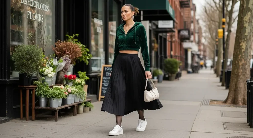 Velour Zip Hoodie + Pleated Skirt + Sneakers 90s-Inspired Fall Outfits