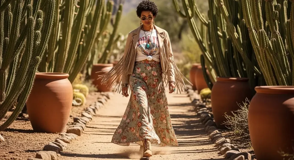 Fringe Jacket + Floral Maxi Skirt + Graphic Tee Boho Fall Outfits