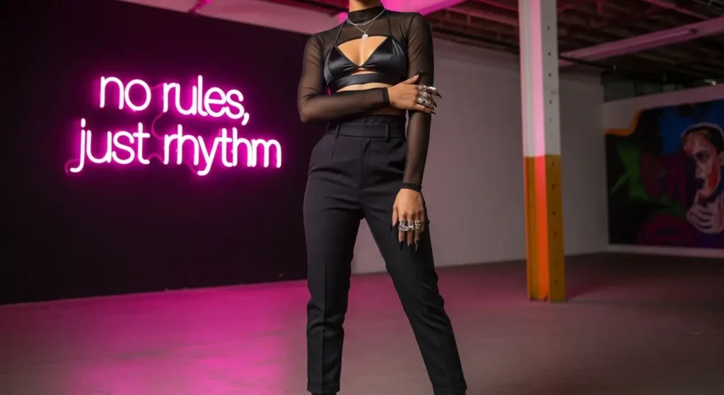 Mesh Top + Bralette + High-Waisted Trousers Edgy Fall Outfits