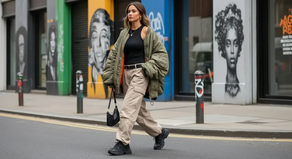 Bomber Jacket + Ribbed Tank + Wide-Leg Cargo Pants Trendy Fall Outfits