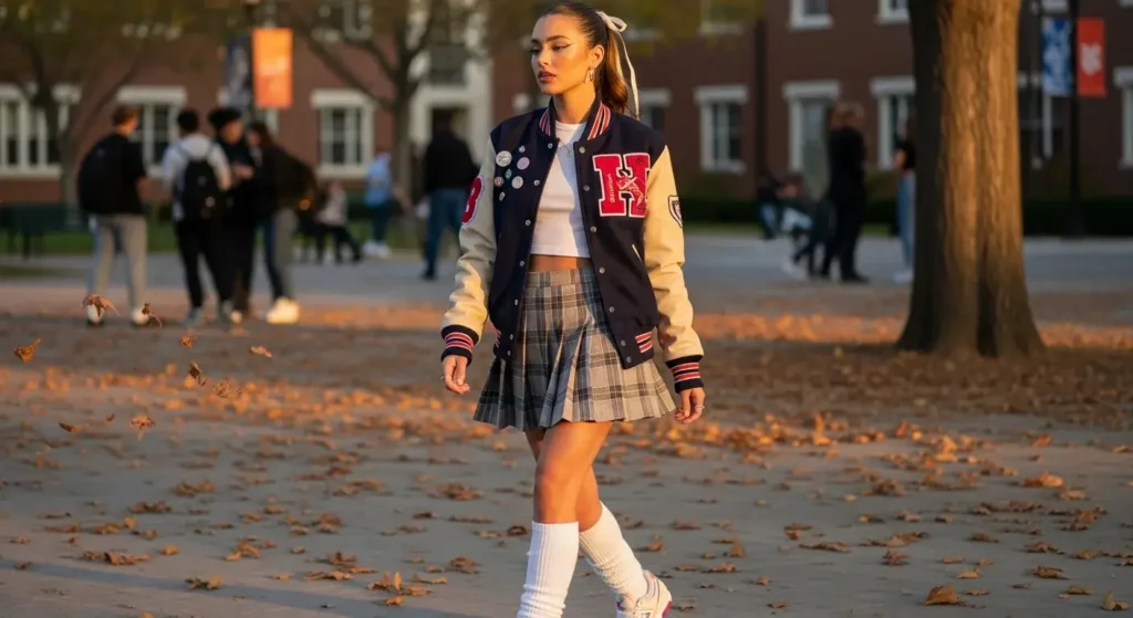 Varsity Jacket + Pleated Skirt + Crew Socks Fall Outfit Ideas for College