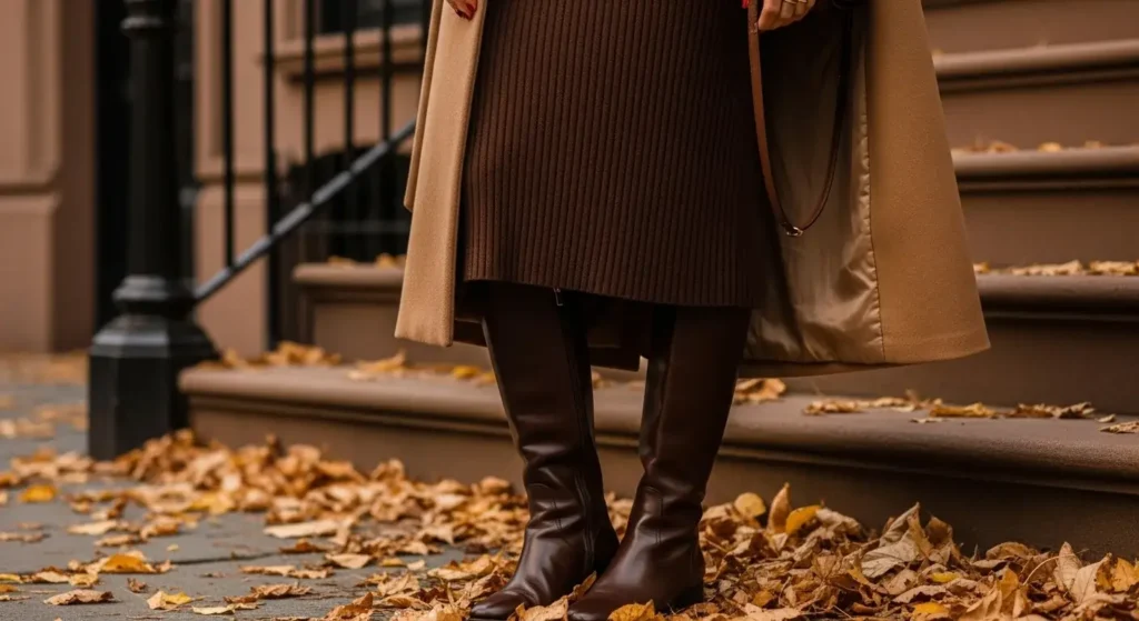 Turtleneck Midi Dress + Knee-High Boots Fall Outfits with Boots